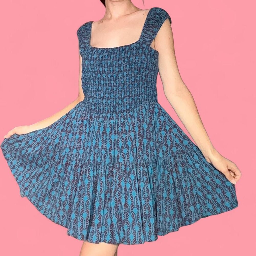 Free People Sweet Annie Blue & Burgundy Tiered Mini Dress with boho pattern